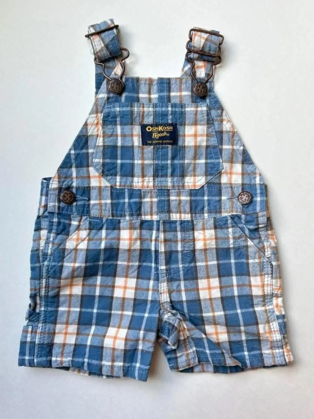 OshKosh B'gosh Blue and White Plaid Short Overalls with Orange Accents